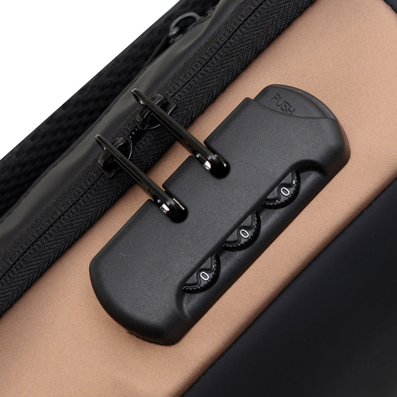 Close-up of a three-digit combination lock securing bag zippers