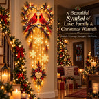 Lighted Christmas wall hanging, cardinals design lit on a wall by a staircase