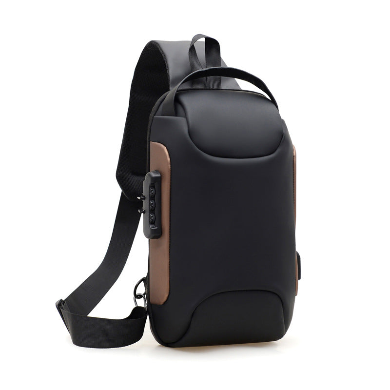 Black Gold chest bag with brown side trim and shoulder strap