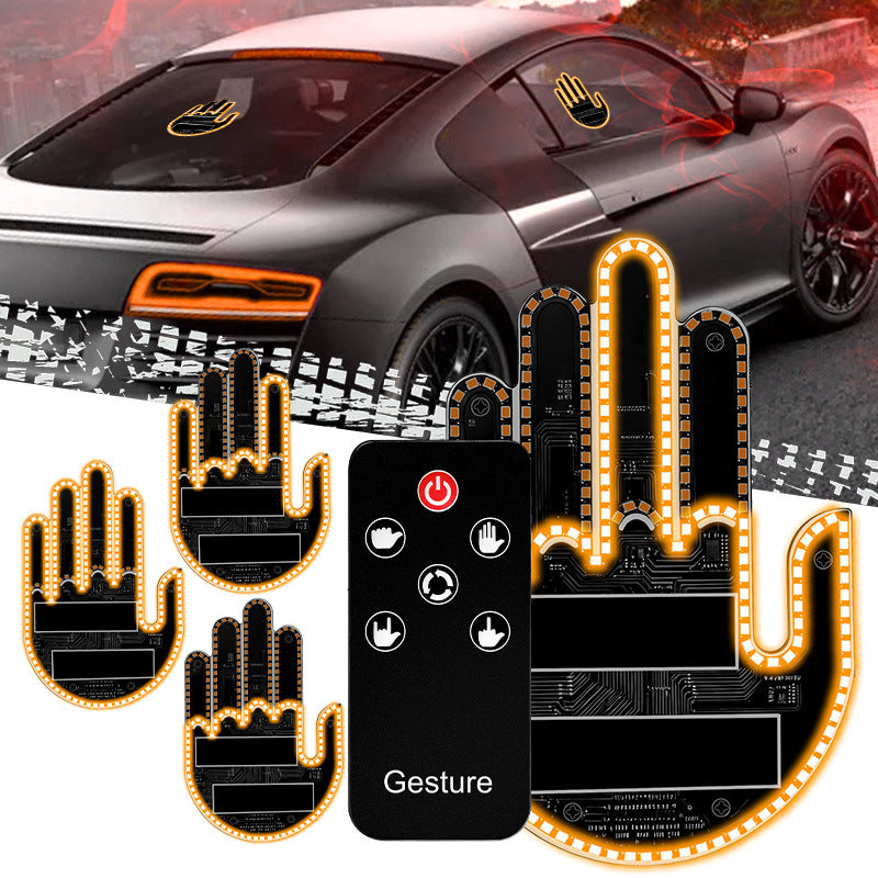 Hand-shaped LED gesture light and remote control shown on car windows