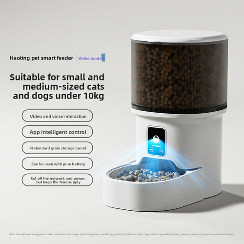 White automatic pet feeder with transparent hopper and illustrated camera feature