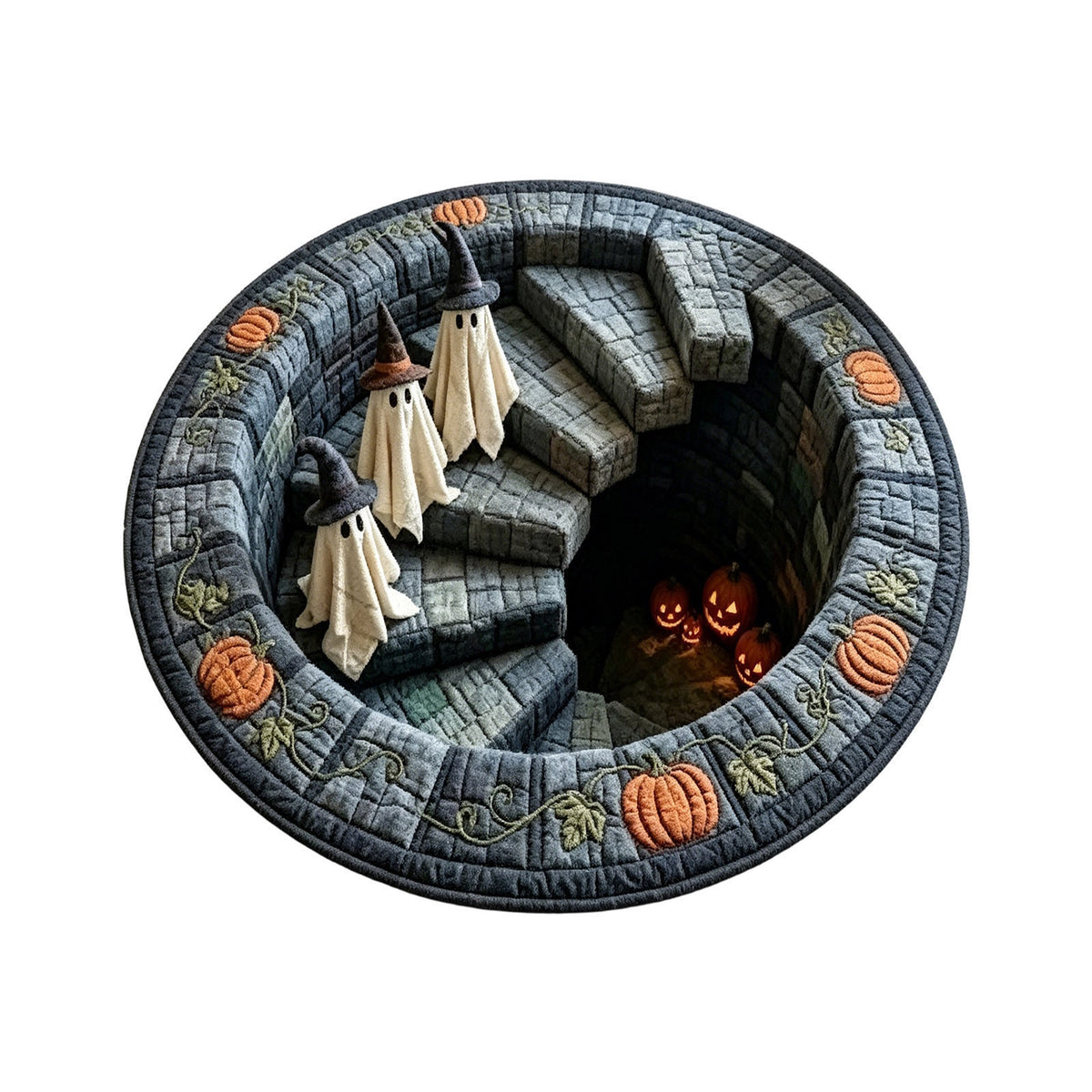 Round autumn and Halloween area rug, Ghost Staircase Gray design, 100 cm velvet