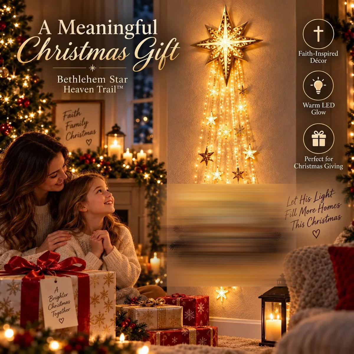 Lighted Christmas wall hanging, star design lit above a family opening gifts