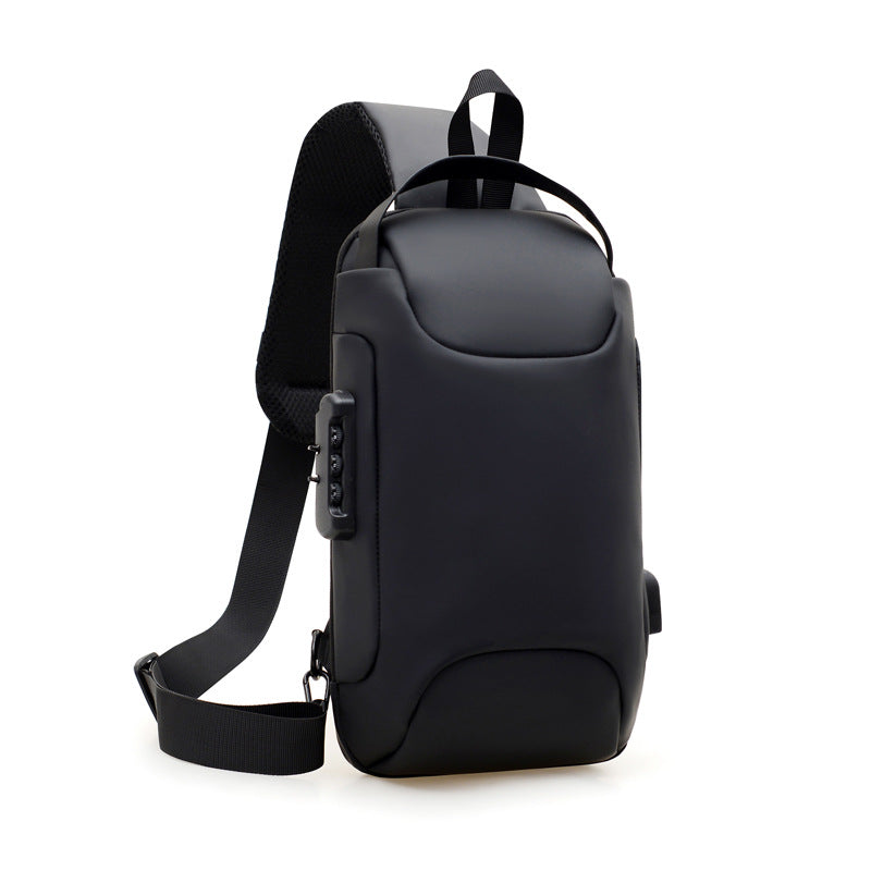 Black combination lock chest bag on a white background