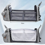 Baby travel backpack with storage and fold-out attachment