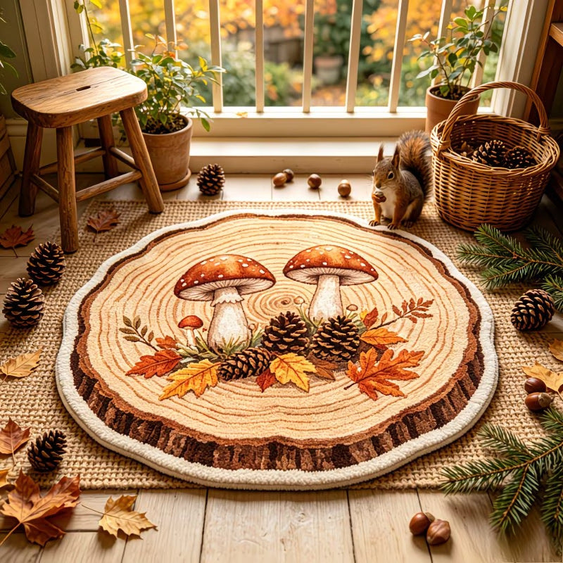 Round autumn and Halloween area rug, Mushroom Woodland design, 60 cm velvet