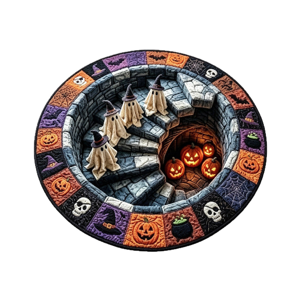Round autumn and Halloween area rug, ghost staircase purple design on a white background