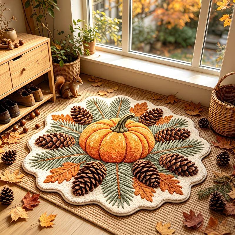 Round autumn and Halloween area rug, Pumpkin and Pinecones design, 60 cm velvet