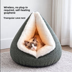Gray triangular cat cave bed with white plush lining and a sleeping cat