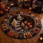 Round autumn and Halloween area rug, Ghost Staircase Brown design, 60 cm plush