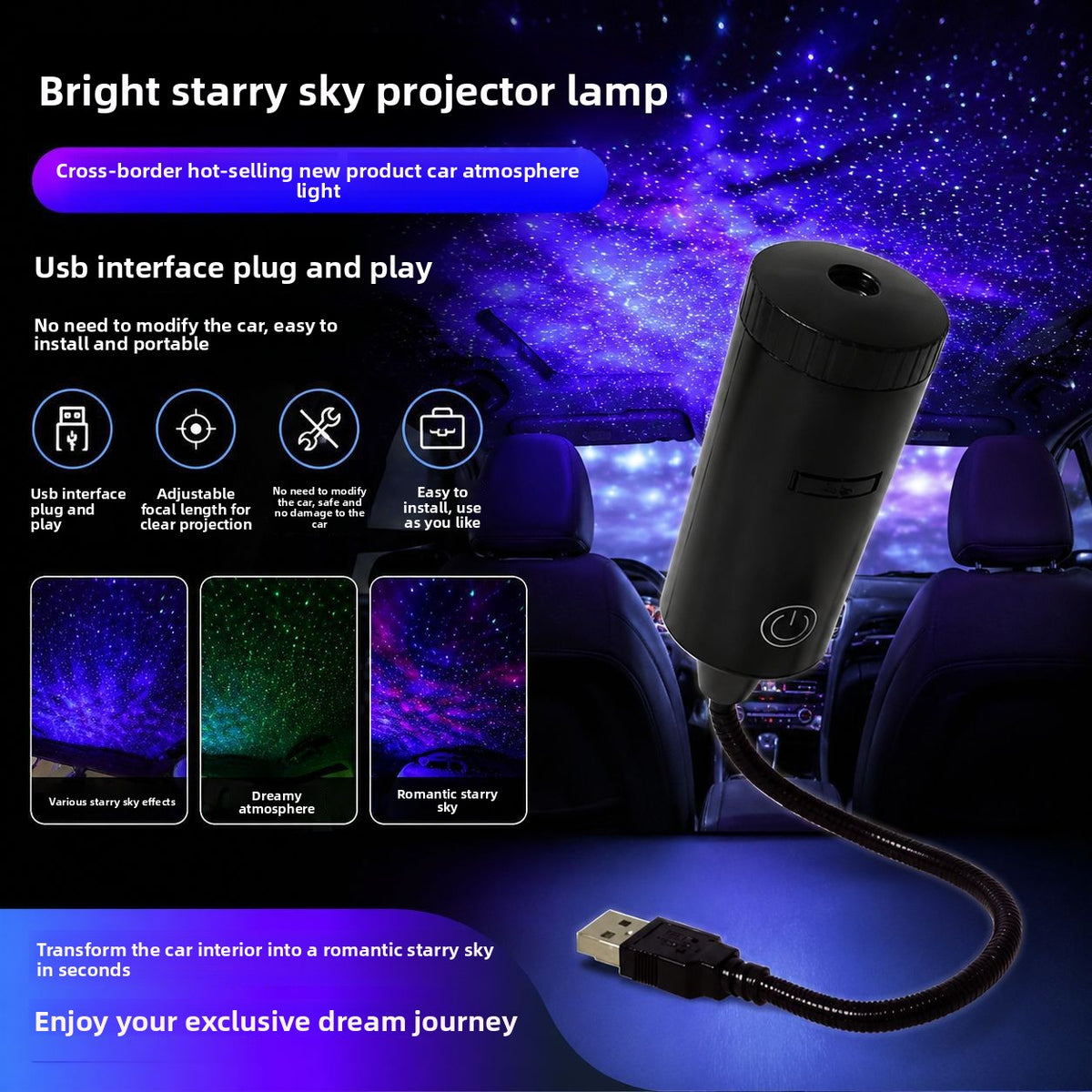 USB Starry Sky Car Roof Projector, black projector casting a purple galaxy pattern on a car ceiling
