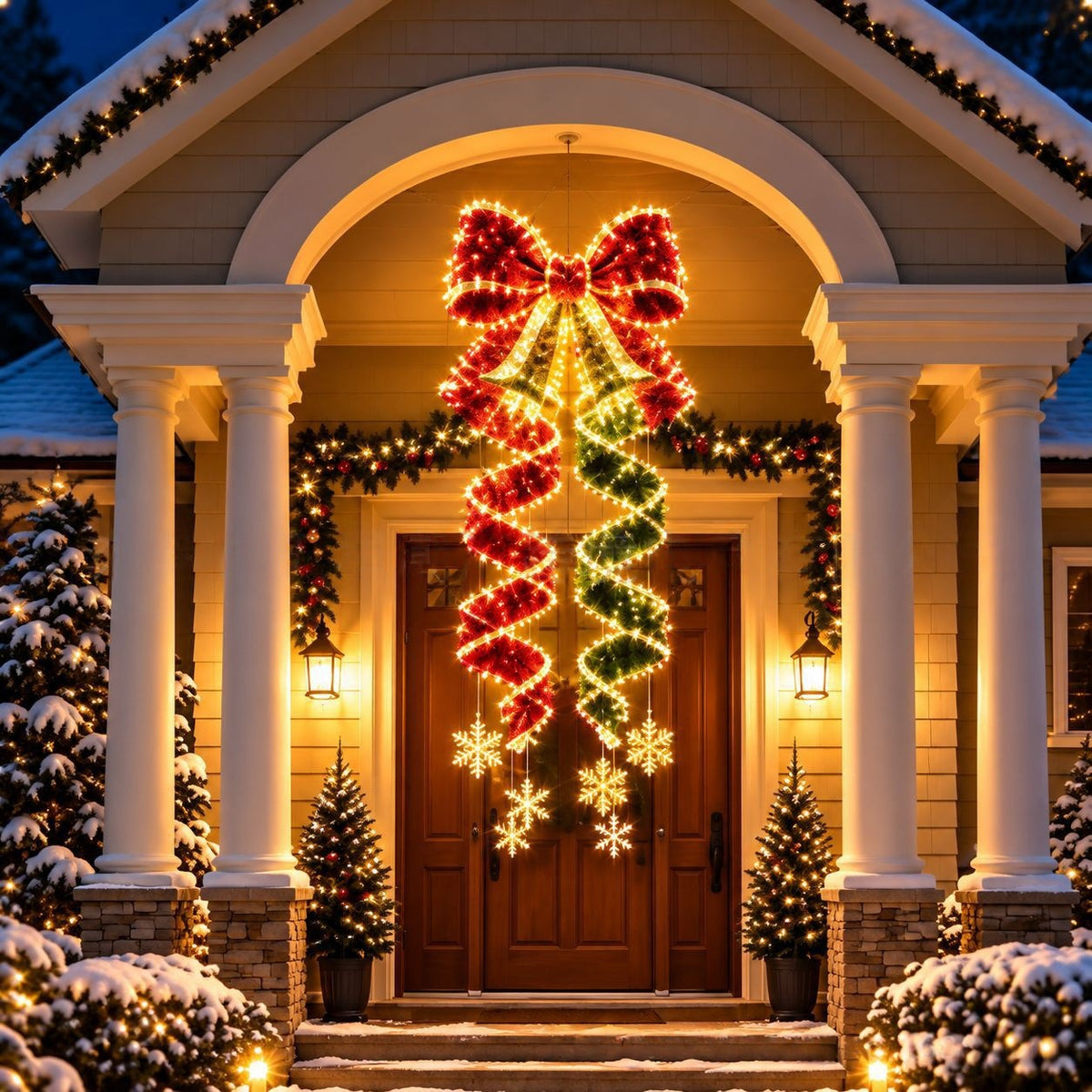 Spiral LED Christmas hanging ornament, red bow design lit on a front porch