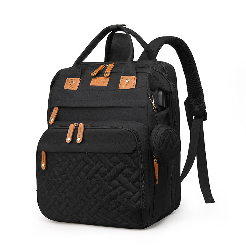 Baby travel backpack with storage and fold-out attachment