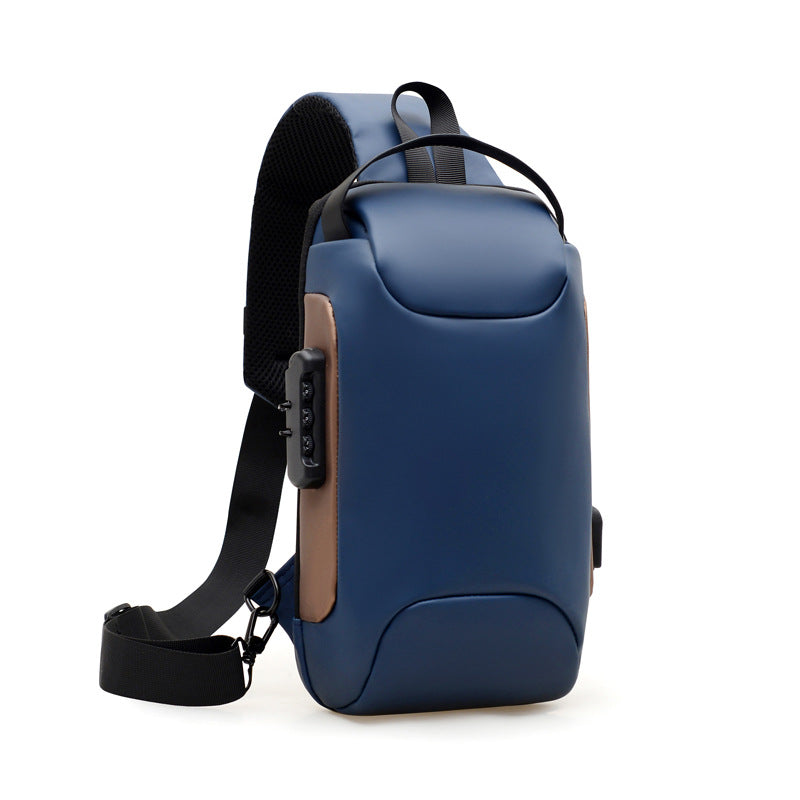 Blue Gold combination lock chest bag on a white background