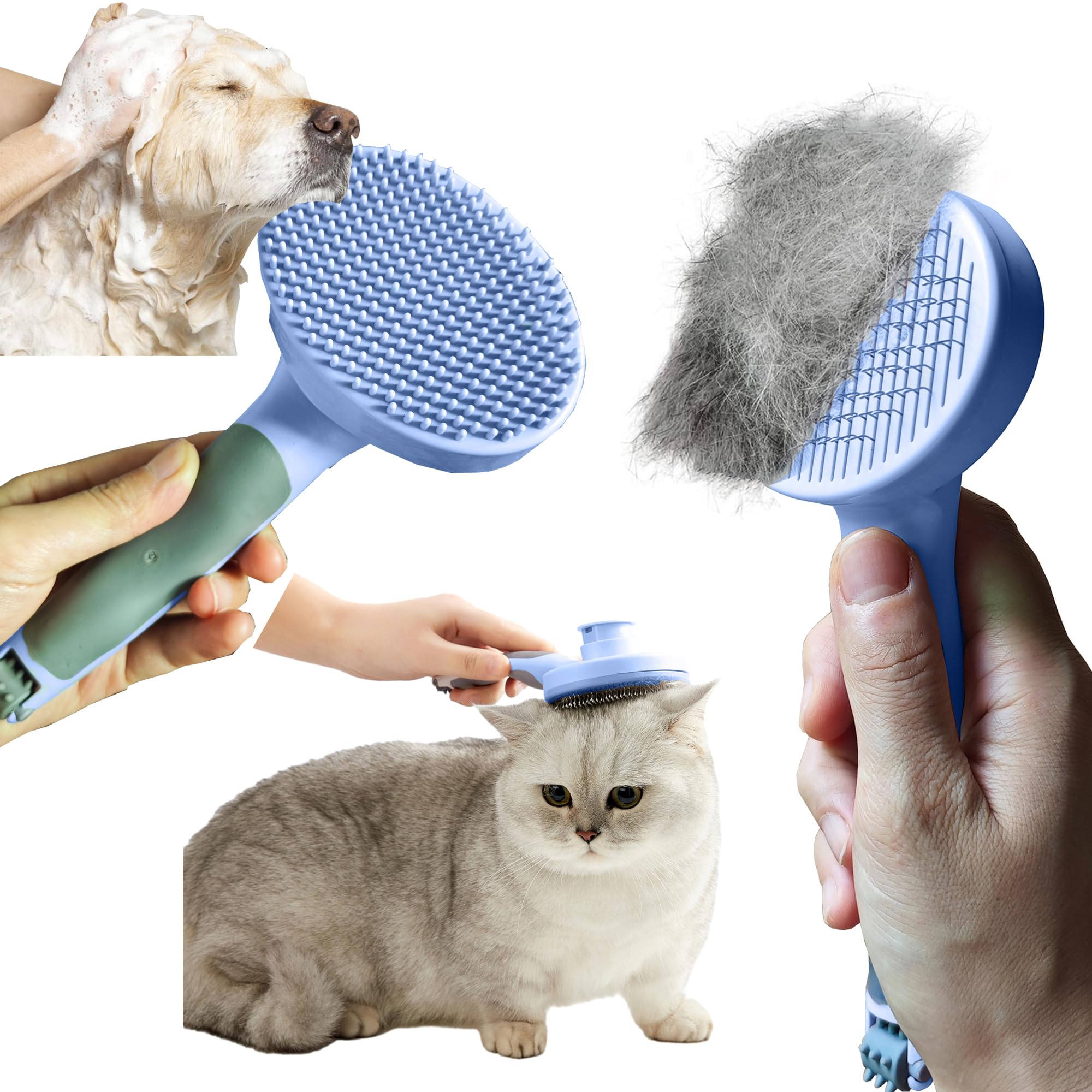 Cat & Dog Deshedding Brush – Self-Cleaning Grooming Tool for Long & Short Hair Pets (Blue)