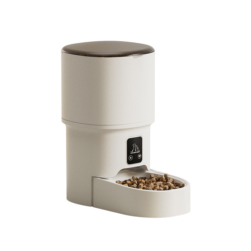 White automatic pet feeder with opaque hopper and control panel