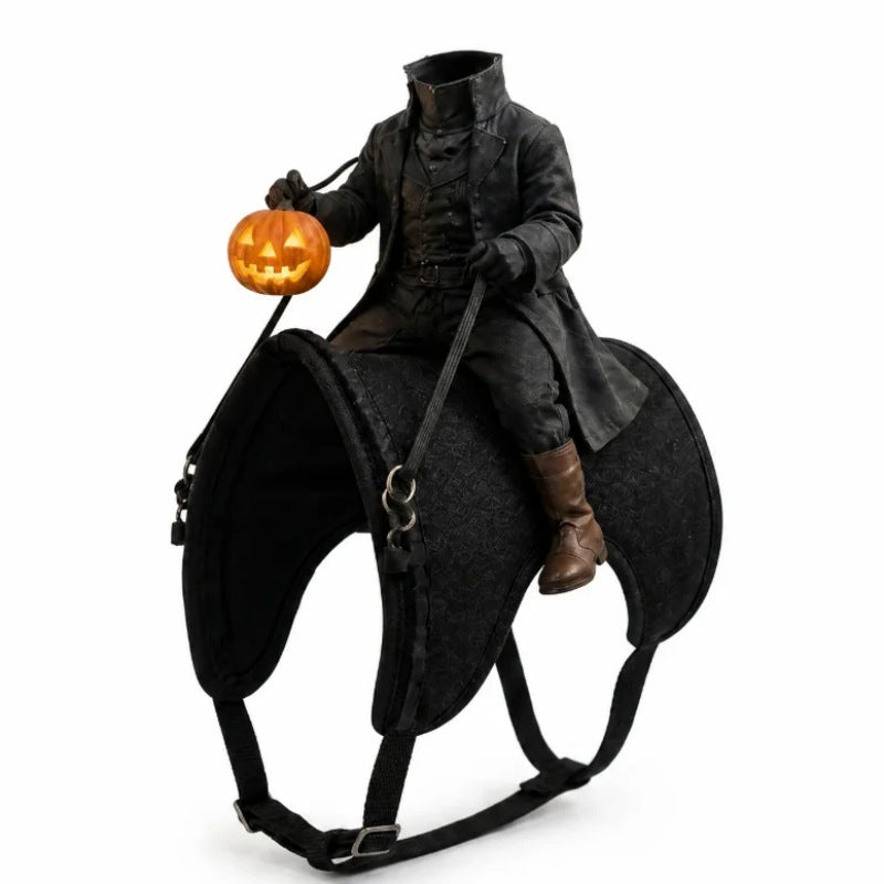 Headless rider pet costume with an orange pumpkin, black saddle panel and buckled straps