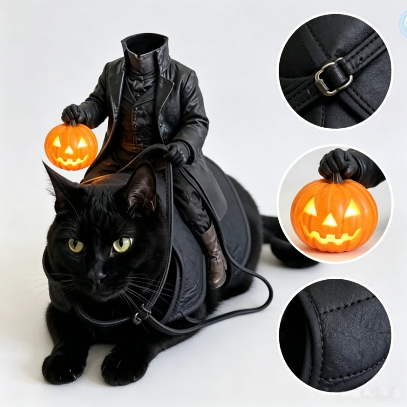 Black cat wearing a headless rider costume, with close-ups of the buckle, pumpkin and black panel