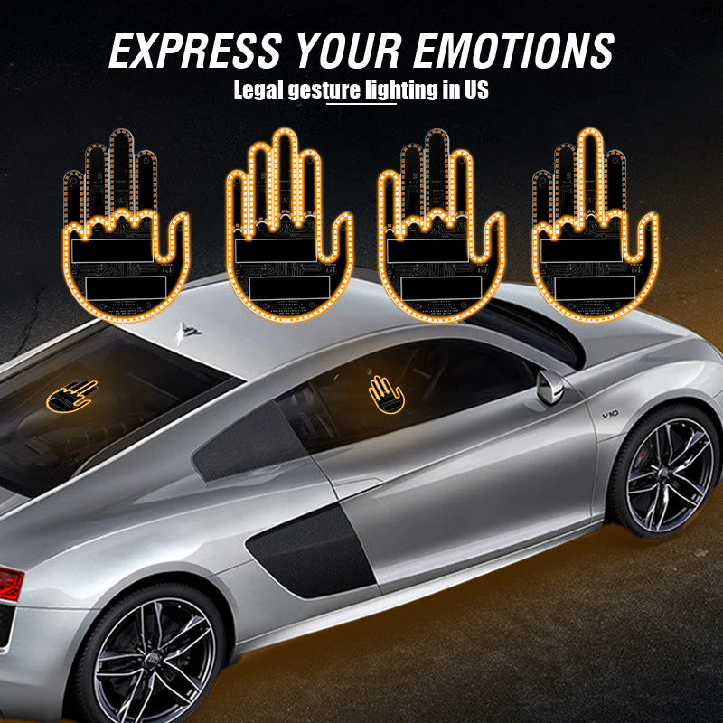 LED car window light showing different illuminated hand gestures