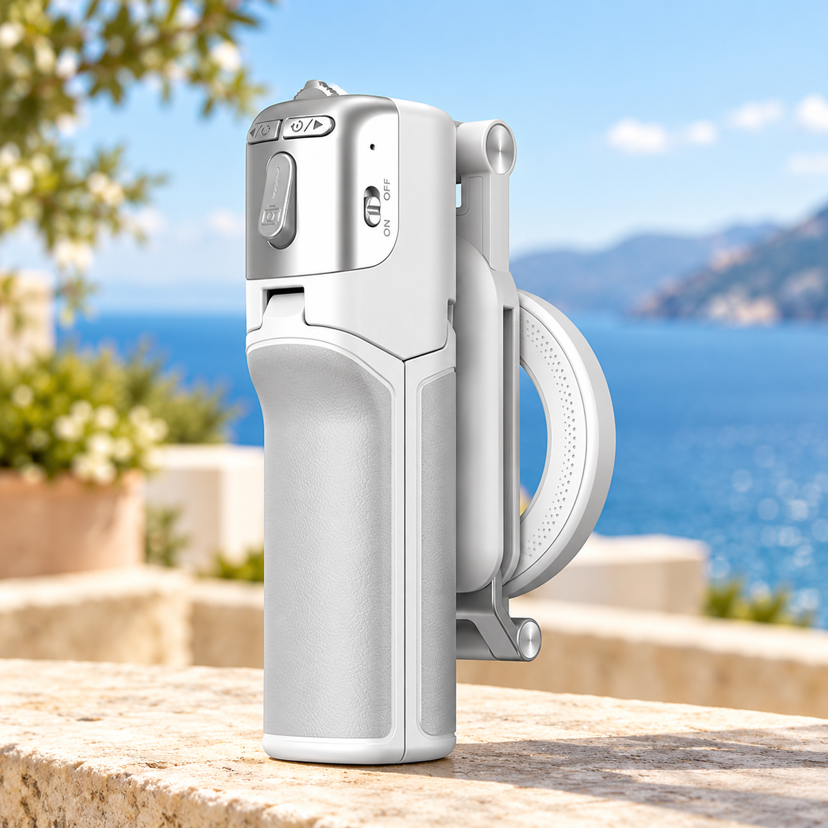 Folded white magnetic selfie stick on a terrace with a blurred coastal background
