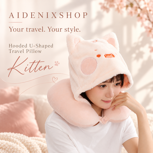 Person wearing the pink Kitten hooded U-shaped travel pillow in a warm-toned Aidenixshop advertisement