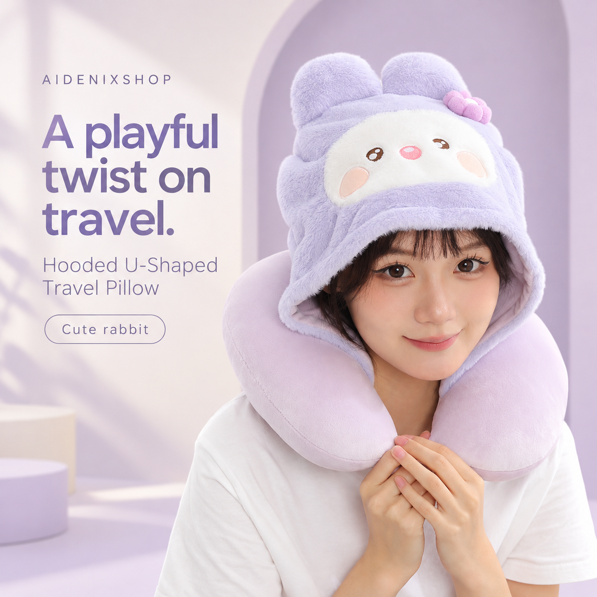 Person wearing the lavender Cute rabbit hooded U-shaped travel pillow in an Aidenixshop advertisement