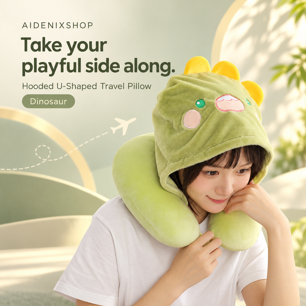 Person wearing the green Dinosaur hooded U-shaped travel pillow in an Aidenixshop advertisement