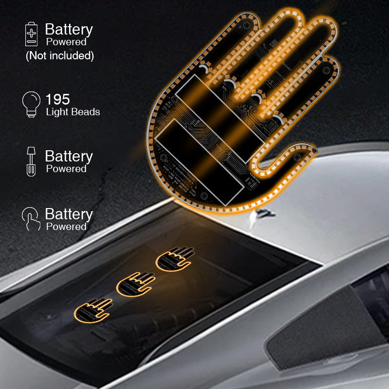 Rear view of a hand-shaped LED light with battery power feature diagram