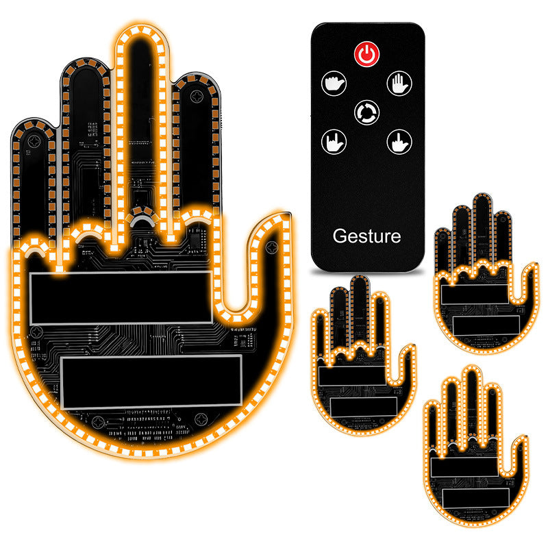 Hand-shaped LED gesture display with remote control on a white background