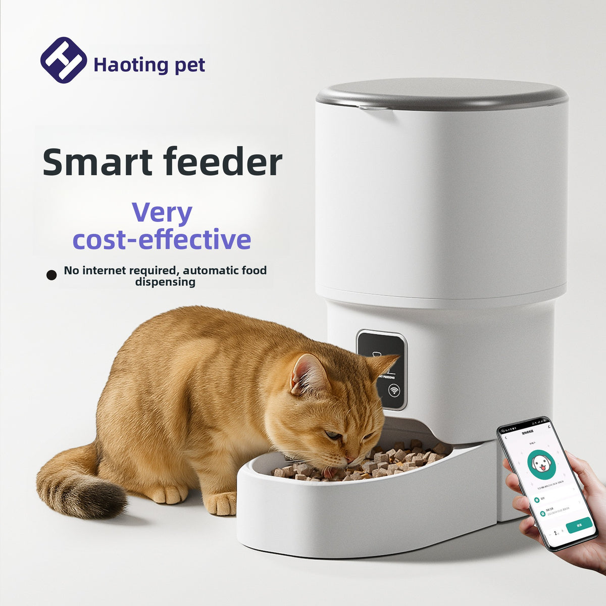 White automatic pet feeder beside a cat and smartphone