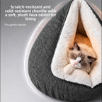 Close-up of chenille cat cave fabric and white plush lining with a sleeping cat