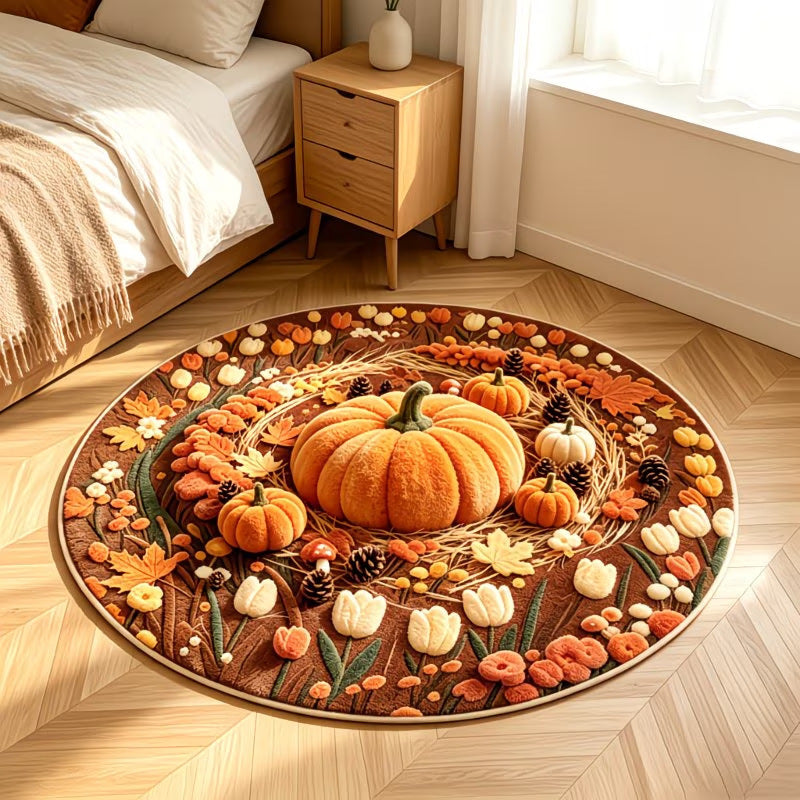 Round autumn and Halloween area rug, Pumpkin Harvest design, 100 cm plush