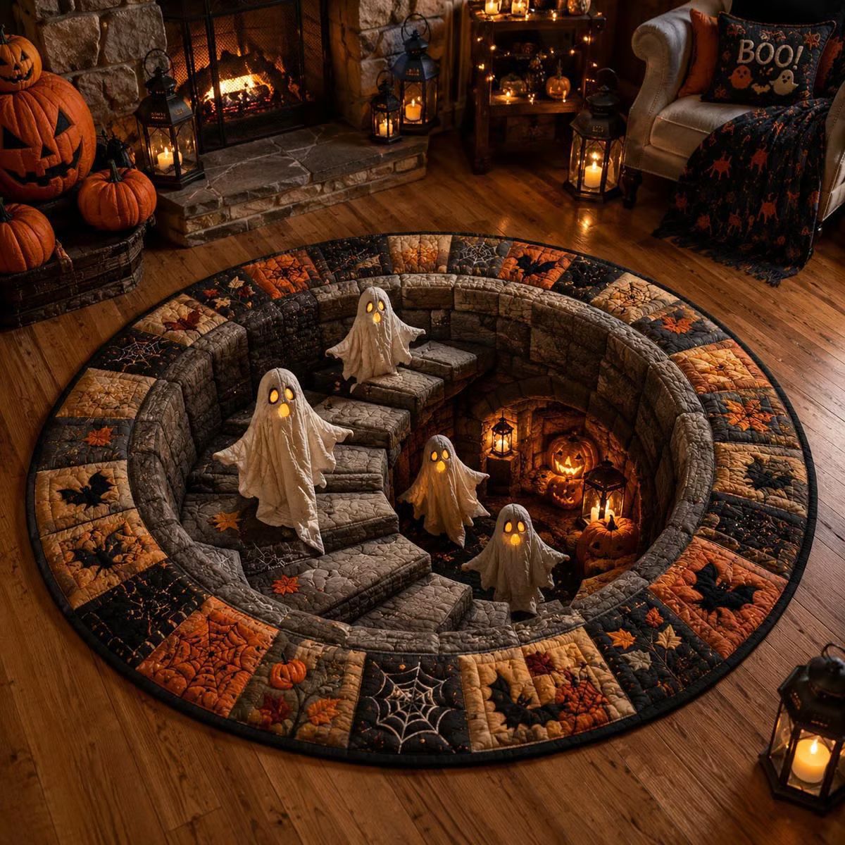 Round autumn and Halloween area rug, Ghost Staircase Brown design, 60 cm velvet
