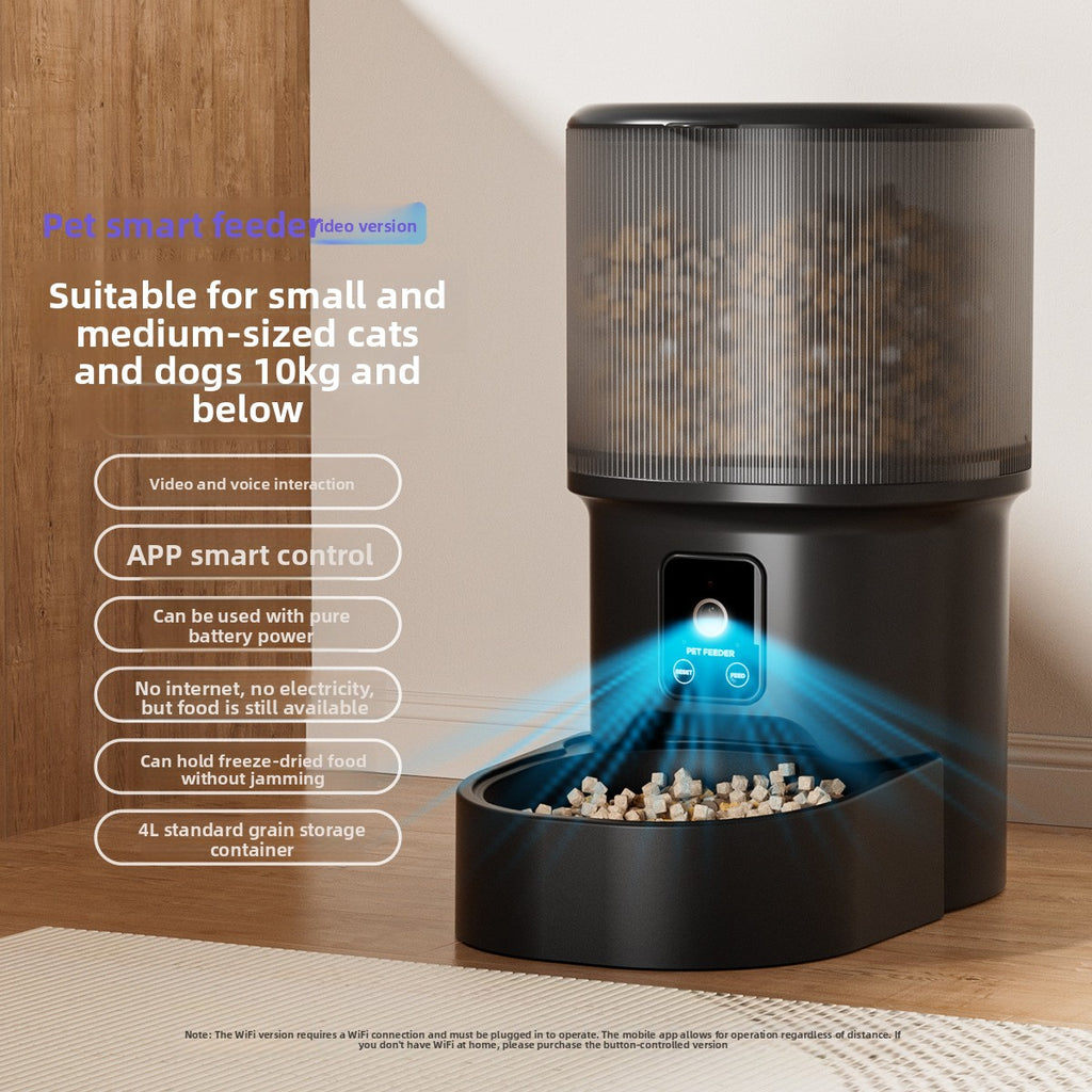 Black transparent VoiceVideo pet feeder with camera illustration and bowl