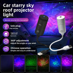 USB Starry Sky Car Roof Projector, white and black projectors with sample galaxy, star and moon patterns