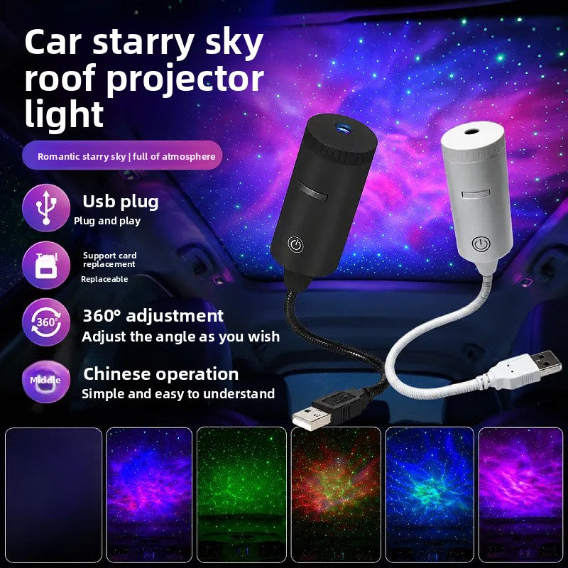 USB Starry Sky Car Roof Projector, white and black projectors with sample galaxy, star and moon patterns