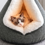 Brown-and-white cat resting and yawning inside a gray triangular cat cave bed with white plush lining and English on-screen captions.