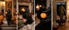 Black cat wearing a headless rider costume with an orange jack-o'-lantern on a Halloween porch, with close-ups of the costume.