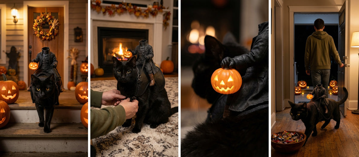 Black cat wearing a headless rider costume with an orange jack-o'-lantern on a Halloween porch, with close-ups of the costume.