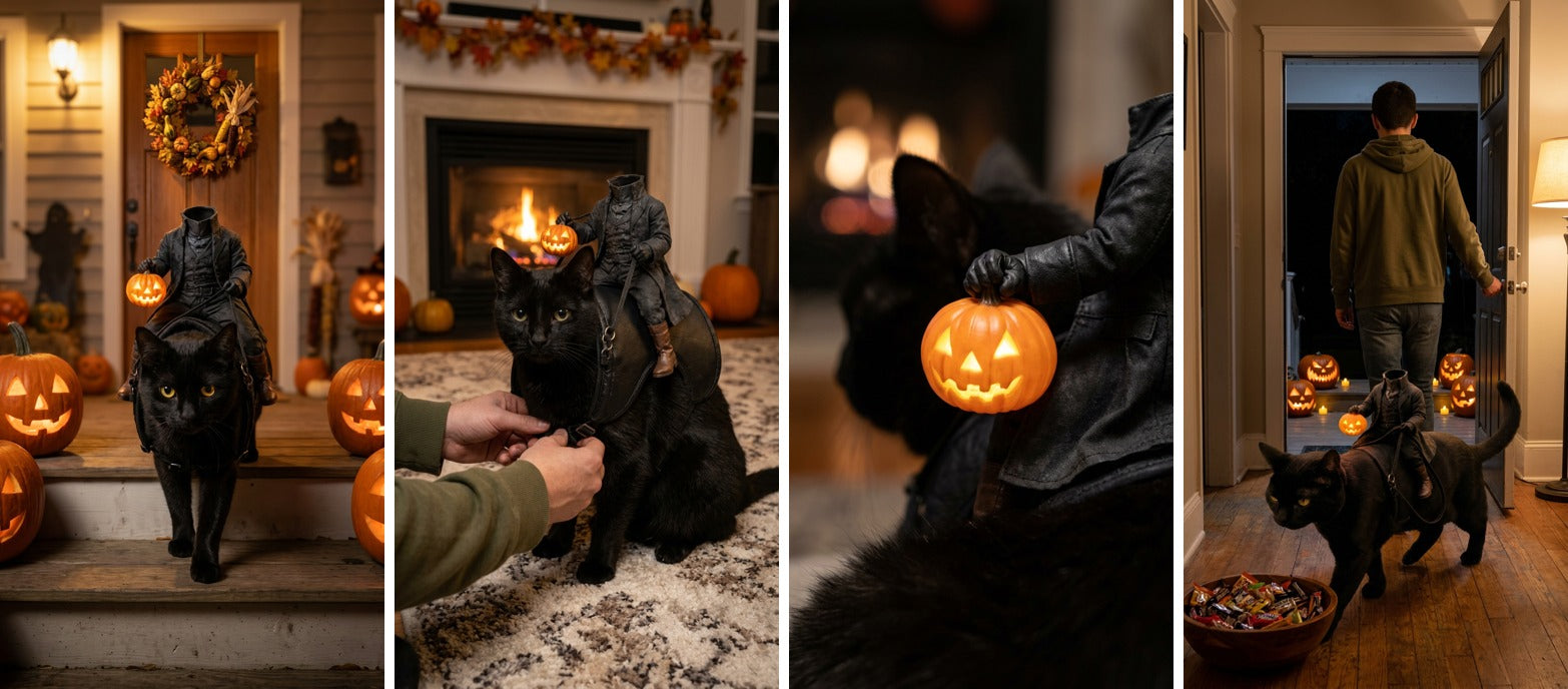 Black cat wearing a headless rider costume with an orange jack-o'-lantern on a Halloween porch, with close-ups of the costume.